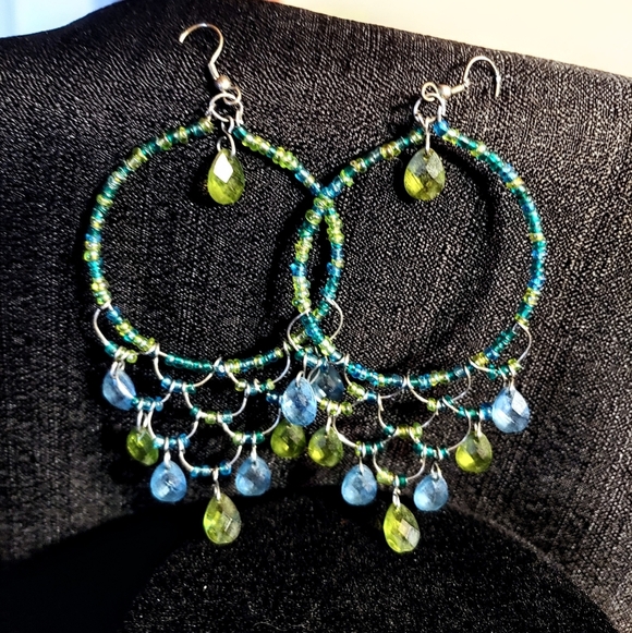 None Jewelry - Blue and Green Gem Dangle Hoop Earrings